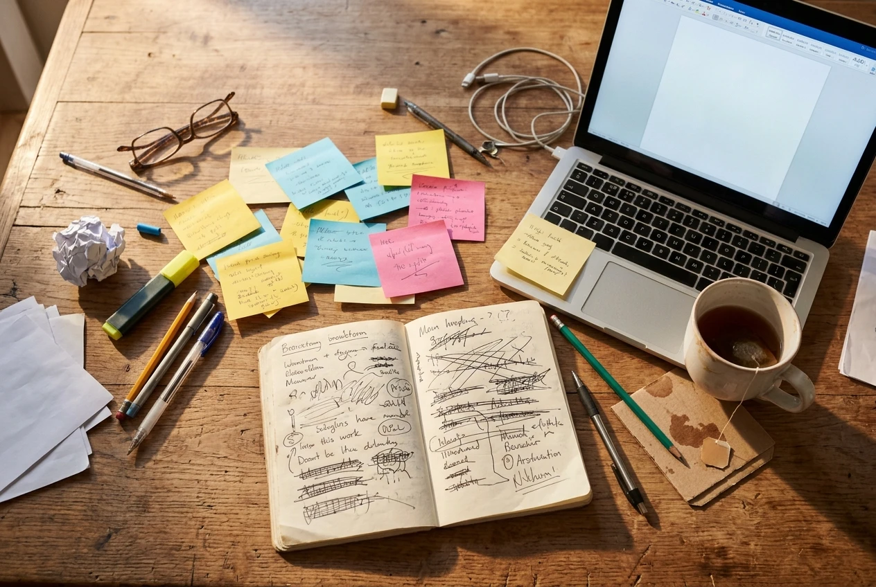 A cluttered wooden desk seen from above in warm morning light: a notebook with crossed-out scribbles, several sticky notes stuck in a messy cluster, and a laptop open to a blank white page, with a half-drunk mug of tea beside it.
