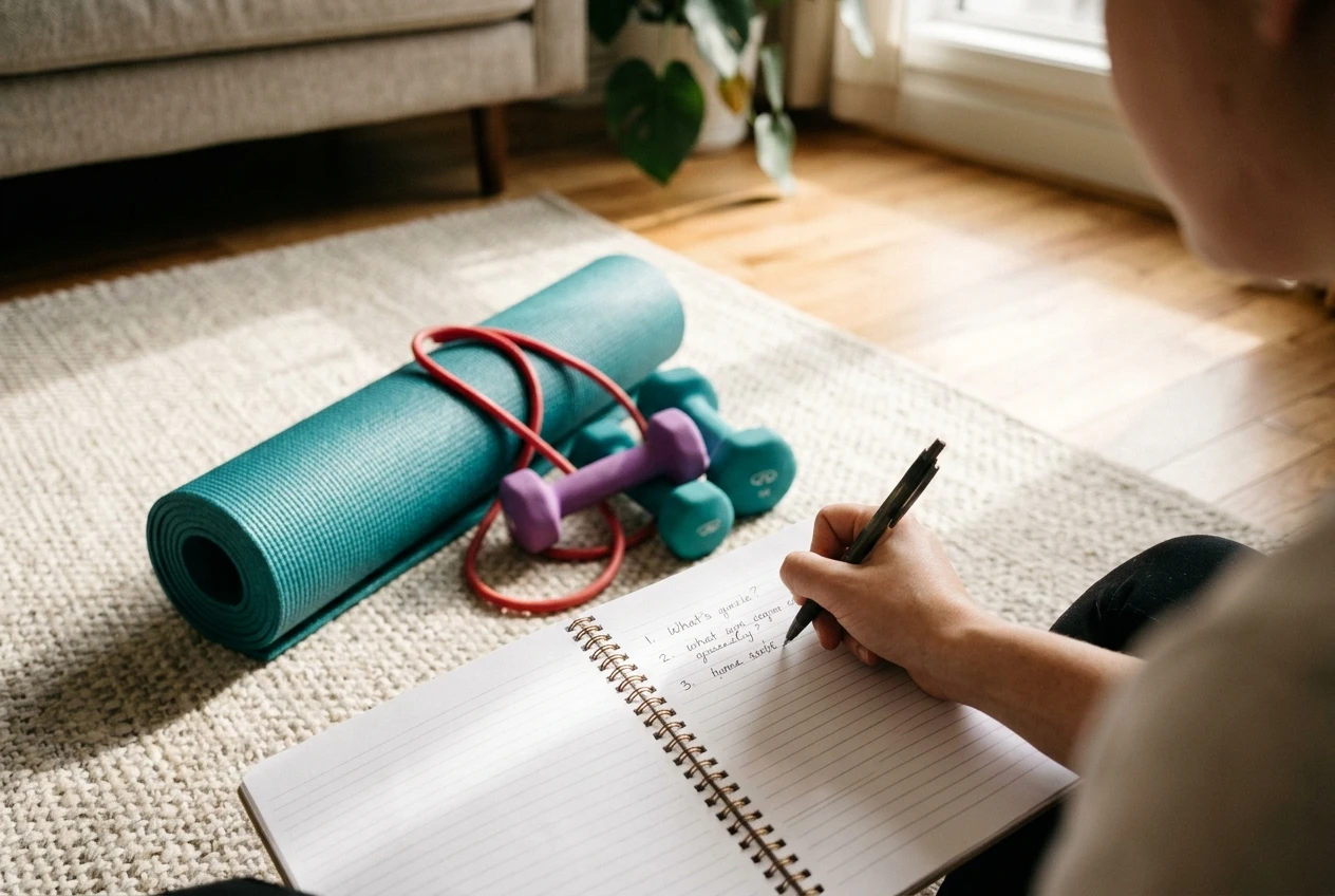 A hand writing a numbered list of questions in a spiral notebook beside a small stack of home-workout props: a rolled yoga mat, a pair of light dumbbells and a resistance band, on a sunlit living-room floor.