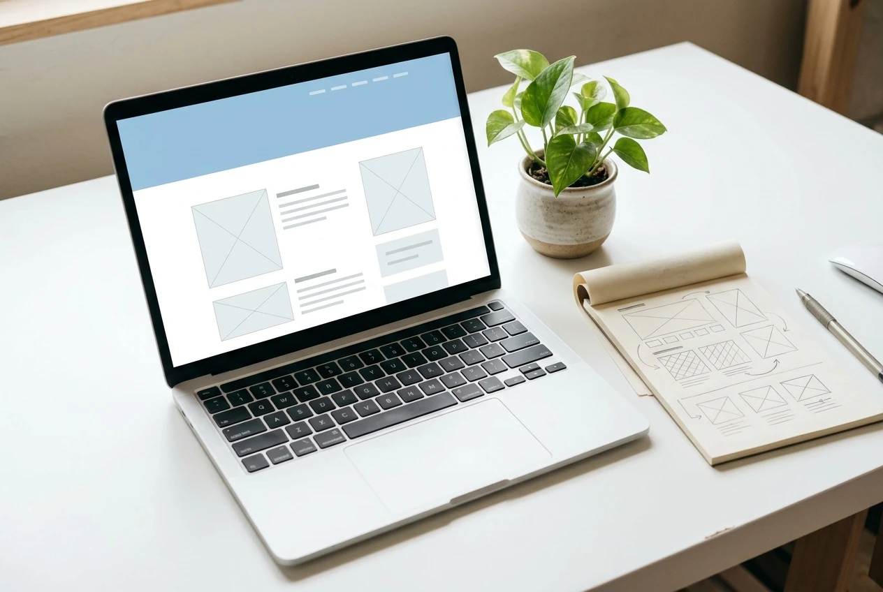 A laptop on a tidy white desk showing a clean, plain, half-built blog homepage with a lot of white space and a soft blue header, next to a small potted plant and a notepad with a hand-drawn sketch of page layout boxes.