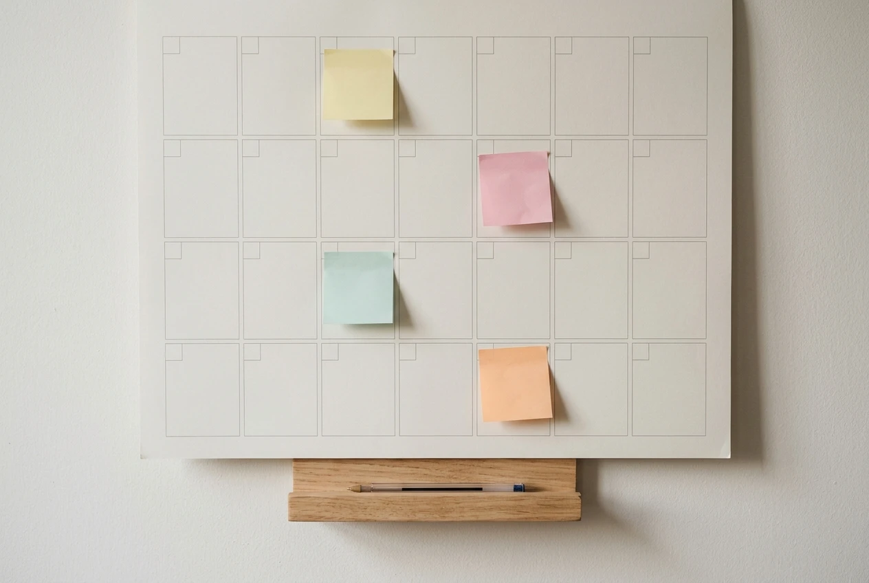 A paper wall calendar on a plain wall with four weekly rows, each week marked with a different colored sticky note, and a pen resting on the ledge beneath it, in soft afternoon window light.